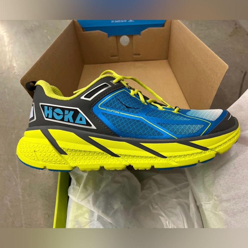 New Hoka Neon Yellow and Blue Athletic Shoes